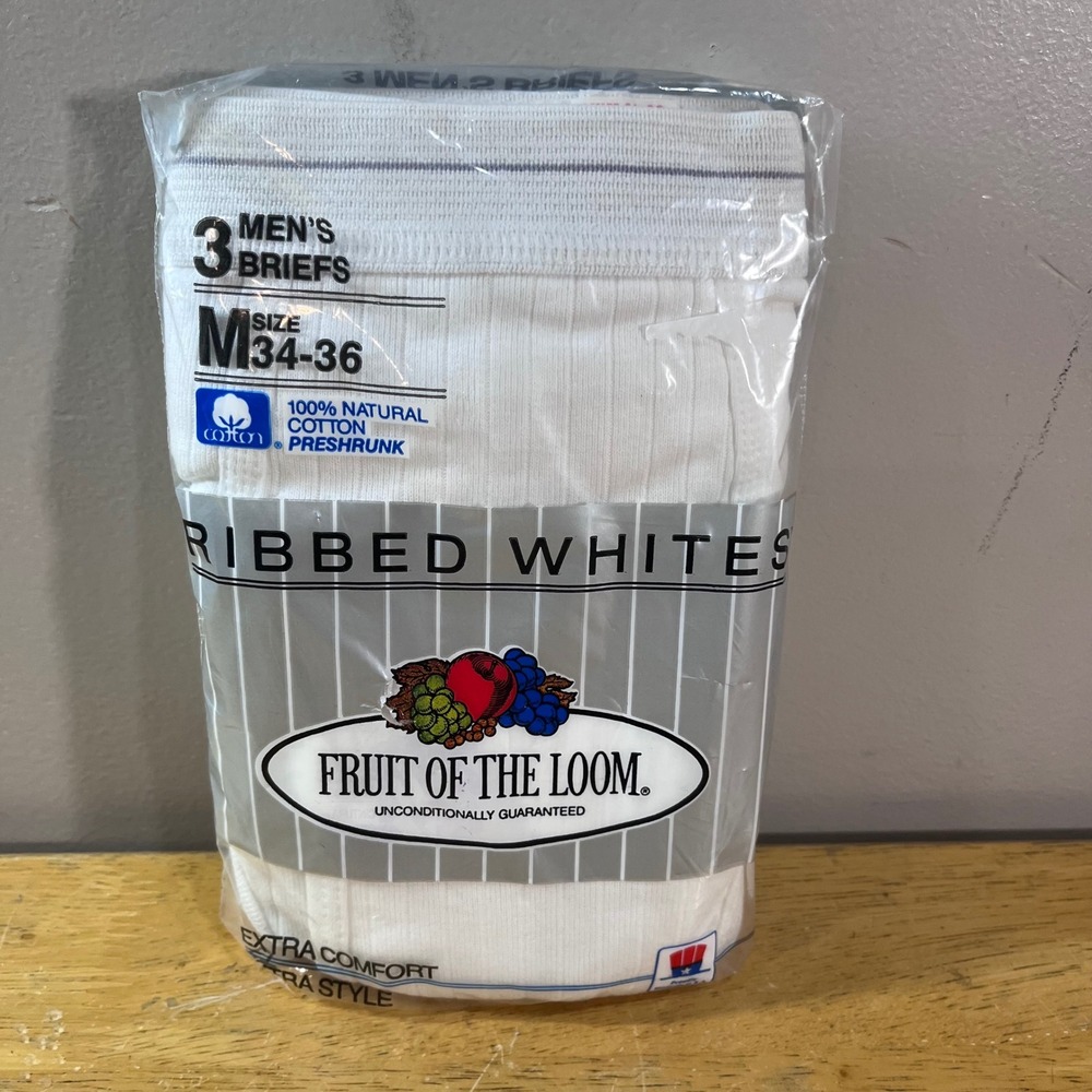 Vtg Fruit of the Loom Briefs Mens M White Ribbed 3pk 1989 Deadstock USA